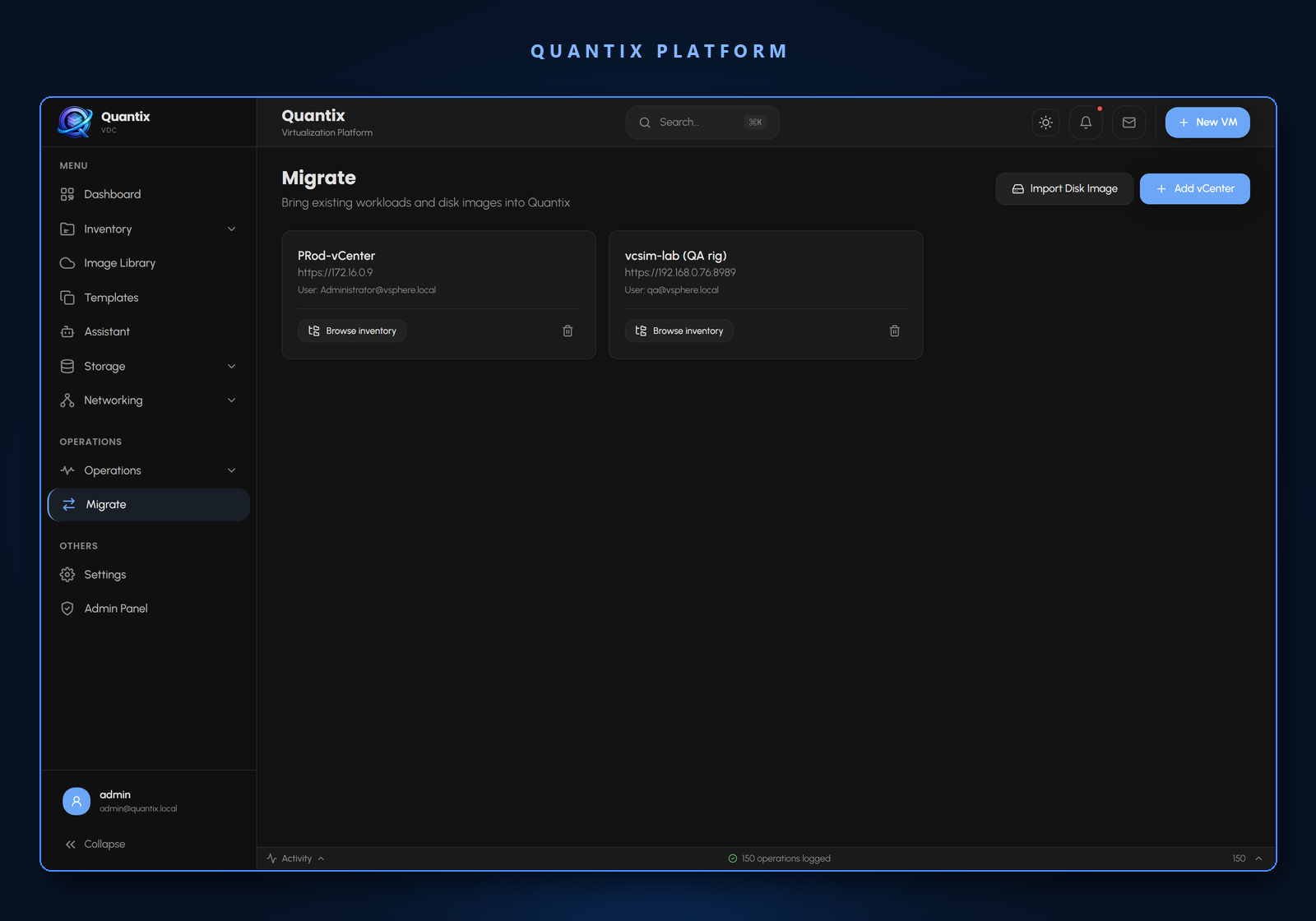 The Quantix migration wizard mapping source networks and datastores